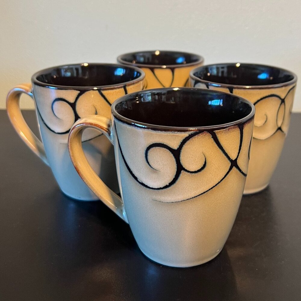 Pfaltzgraff Black Scroll Stoneware Coffee Mugs Set of 4 Studio Earth Tone Retro